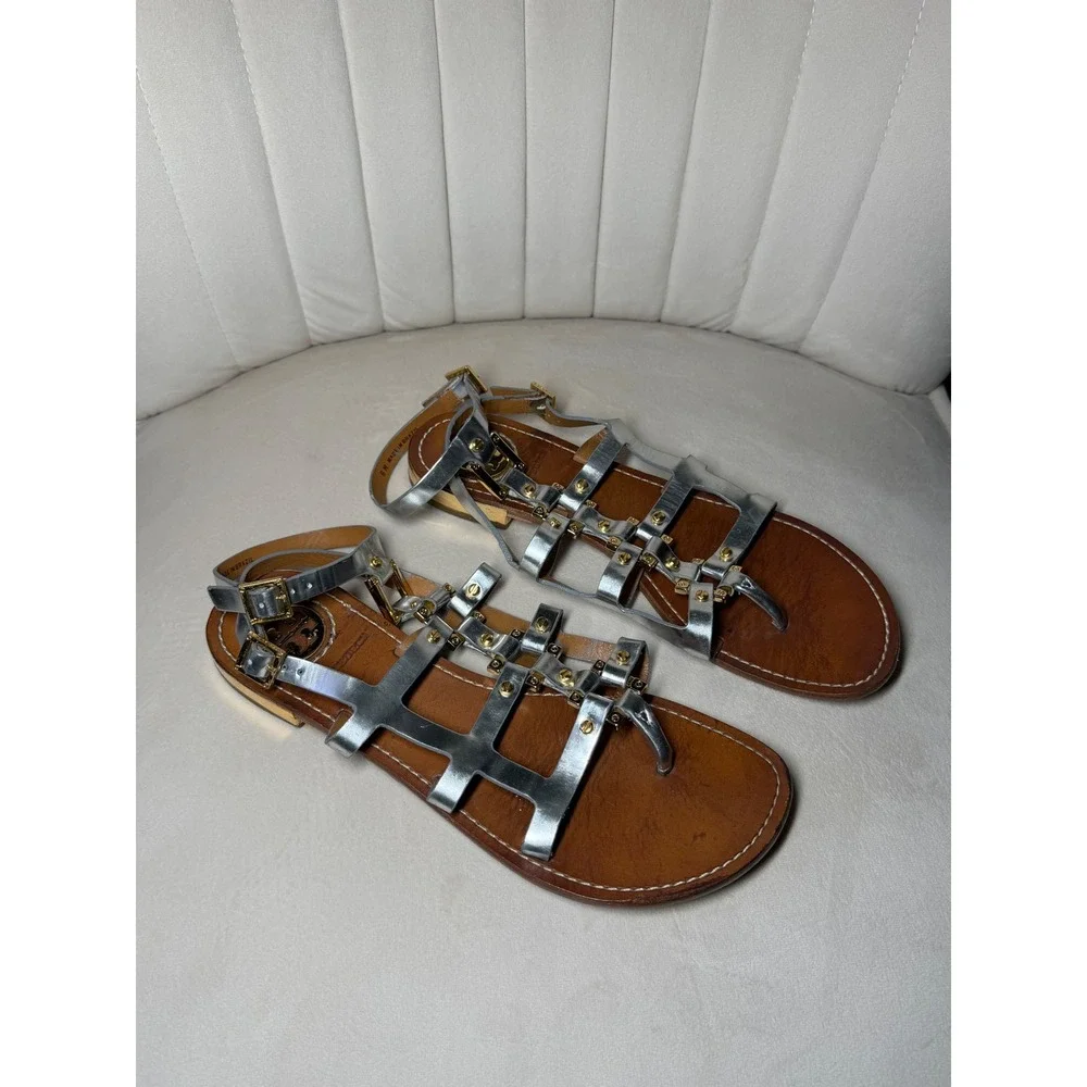 Tory Burch Metallic Silver Leather Gladiator Sandals Gold Hardware Womens Size 8
